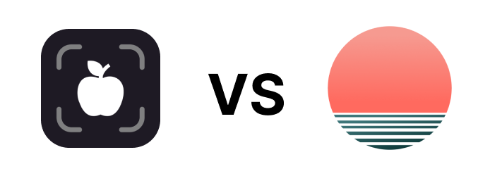 Apple logo with a camera focus icon on the left, and a sunset over the ocean on the right, with a 'vs' in between.