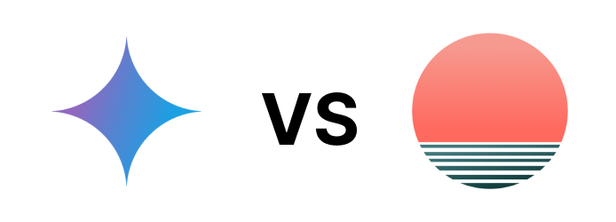 Comparison between the logos of two companies, one with a blue star-like symbol and the other with a red sun setting over water.