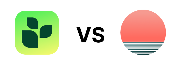 Comparison graphic between a green square icon with leaf symbols and a sunset over water, with the letters 'VS' in between.