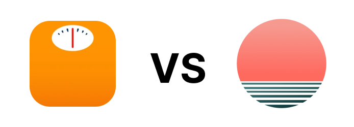 Comparison of an orange weight scale icon and a stylized pink sunset or sunrise over water icon.