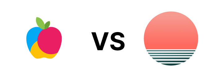 Graphic comparing two logos, one with a colorful fruit shape and the other a red sun setting over water.